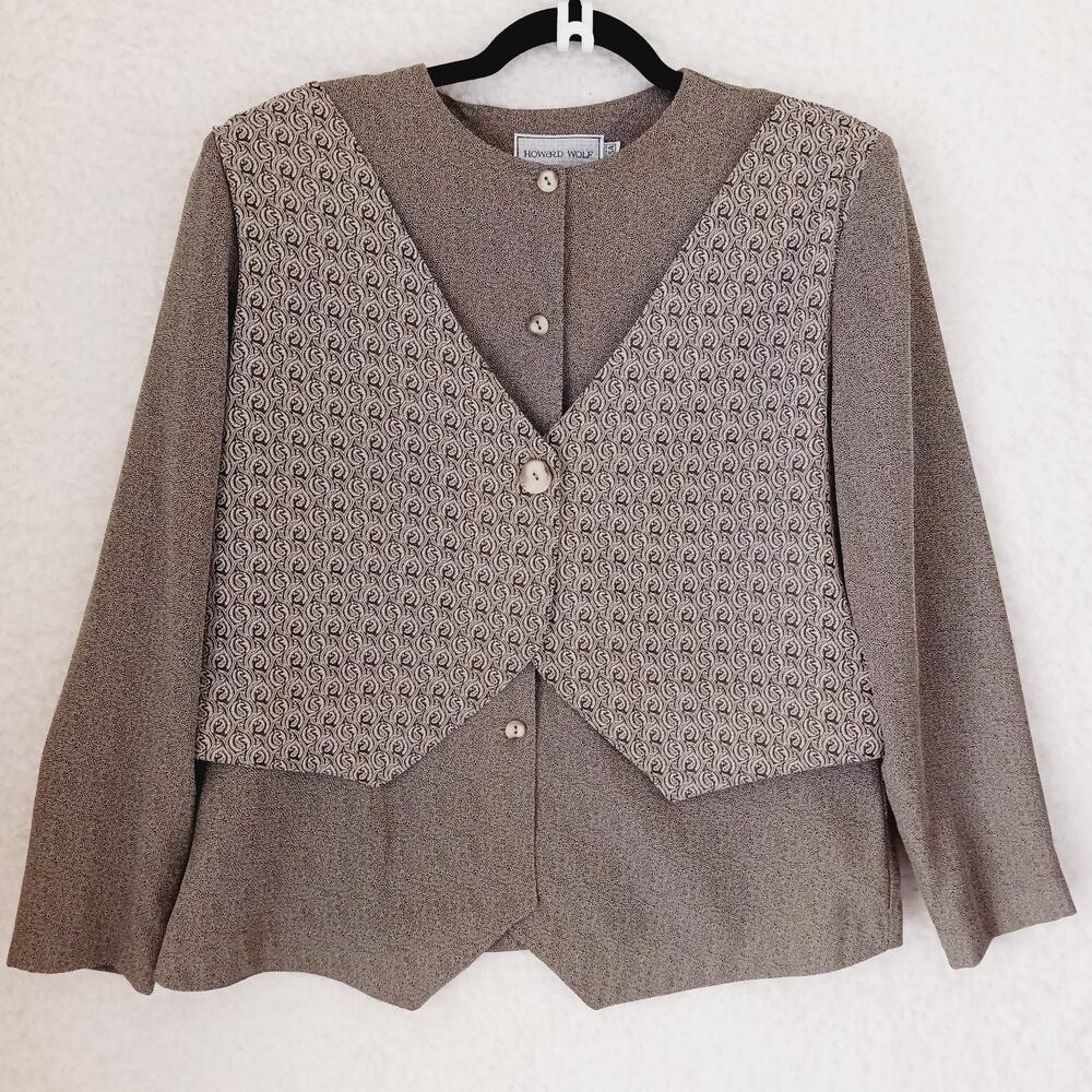 Jacket Vest Women Howard Wolf Brown Tan Tweed Button-Up Unlined Adj Back Size 14